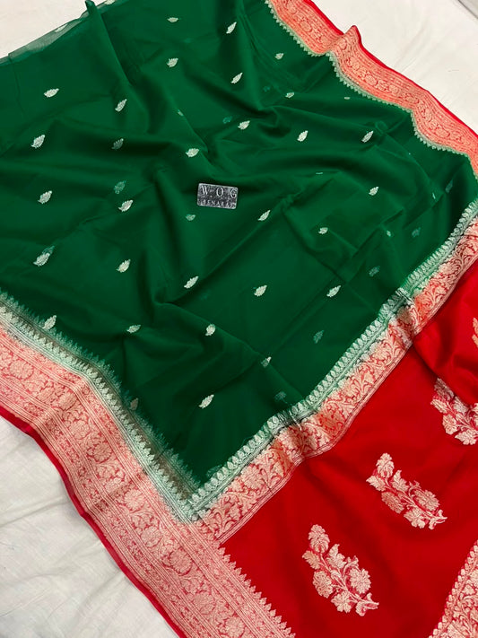 BOTTLE GREEN & RED PURE HANDWOVEN KHADDI CHIFFON SAREE