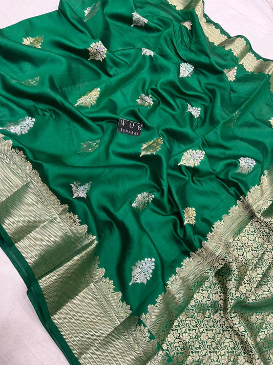BOTTLE GREEN PURE CHINIYA SILK BUTA SAREE