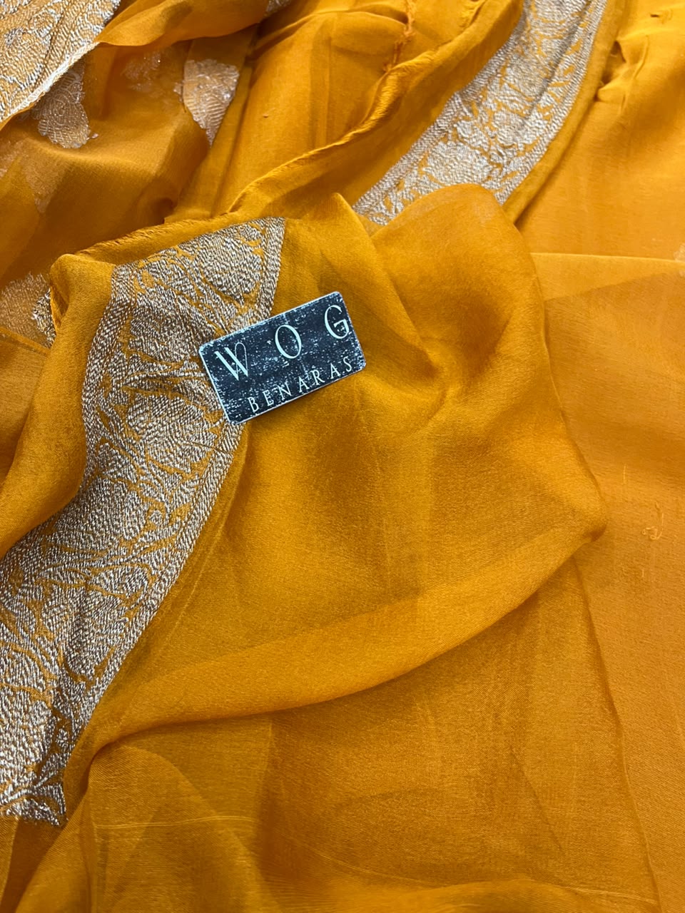 MUSTARD YELLOW PURE HANDWOVEN KHADDI CHIFFON SAREE WITH ANTIQUE
