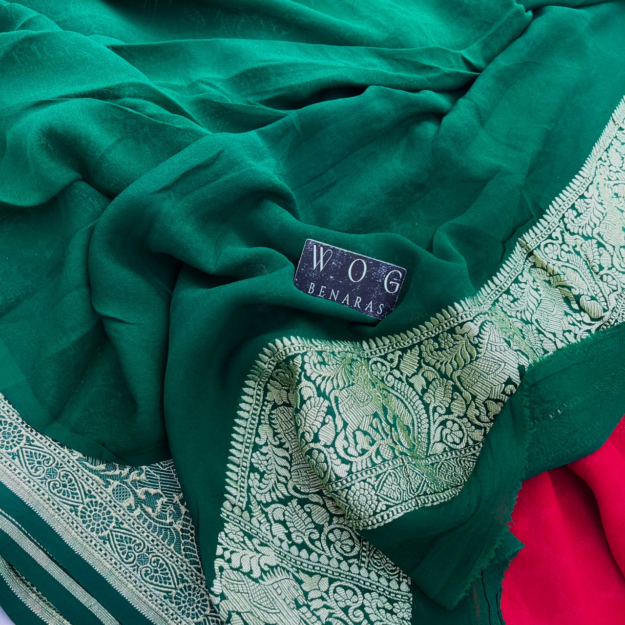 RED&GREEN PURE KHADDI GEORGETTE SAREE
