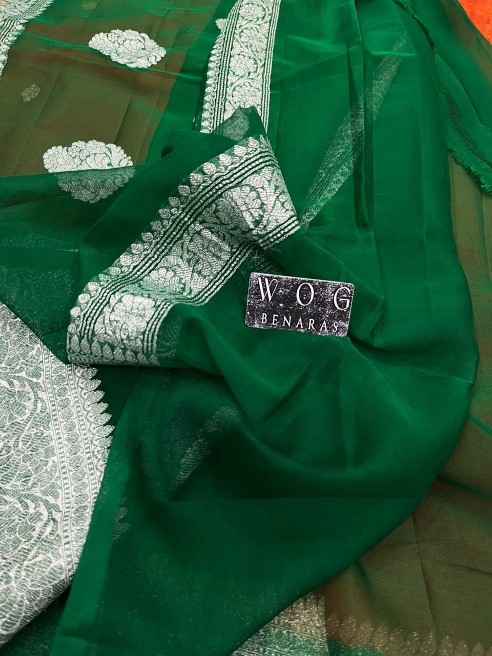 BOTTLE GREEN & RED PURE HANDWOVEN KHADDI CHIFFON SAREE