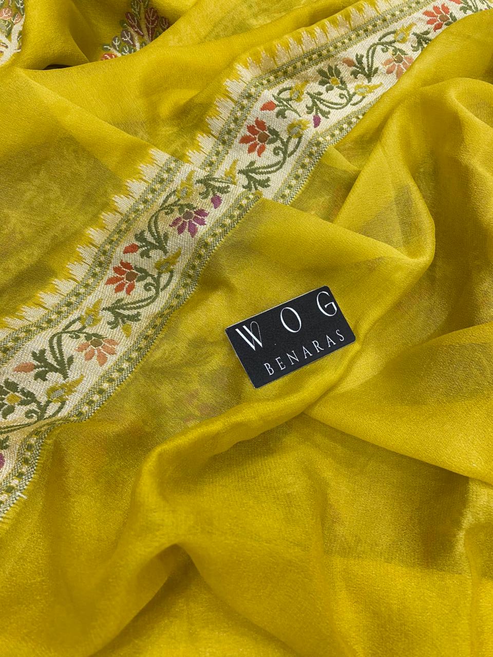 DHANI YELLOW PURE KHADDI CREPE SAREE WITH MEENAKARI BUTA
