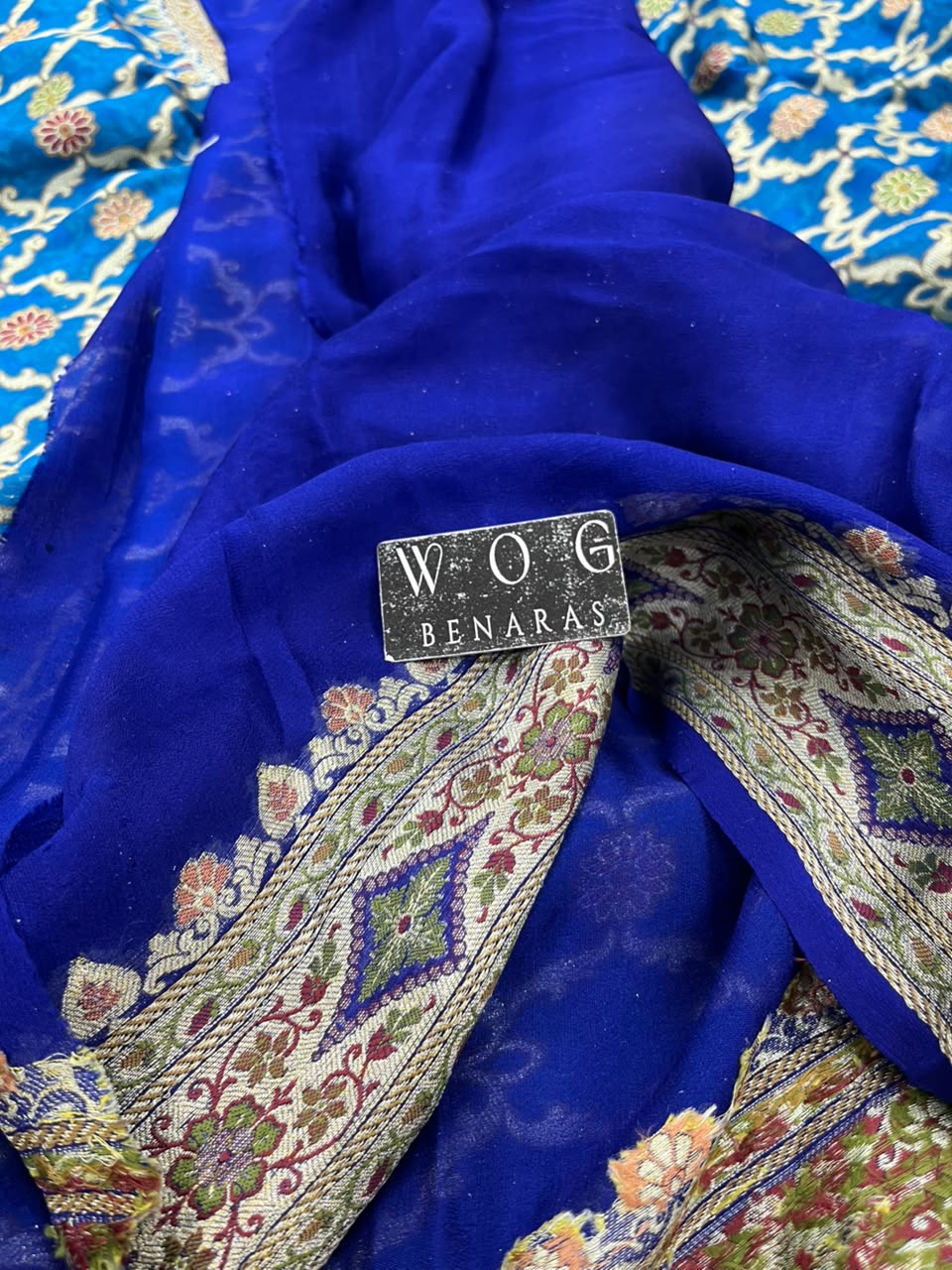 BLUE PURE KHADDI CREPE SAREE WITH MEENAKARI JALL