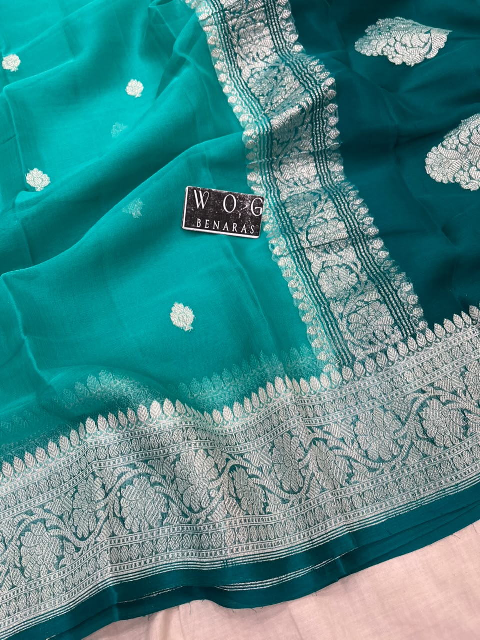 SEA GREEN & SAFAYER PURE HANDWOVEN KHADDI CHIFFON SAREE