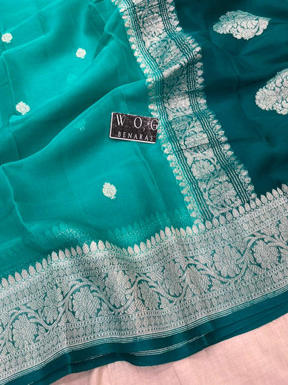 SEA GREEN & SAFAYER PURE HANDWOVEN KHADDI CHIFFON SAREE