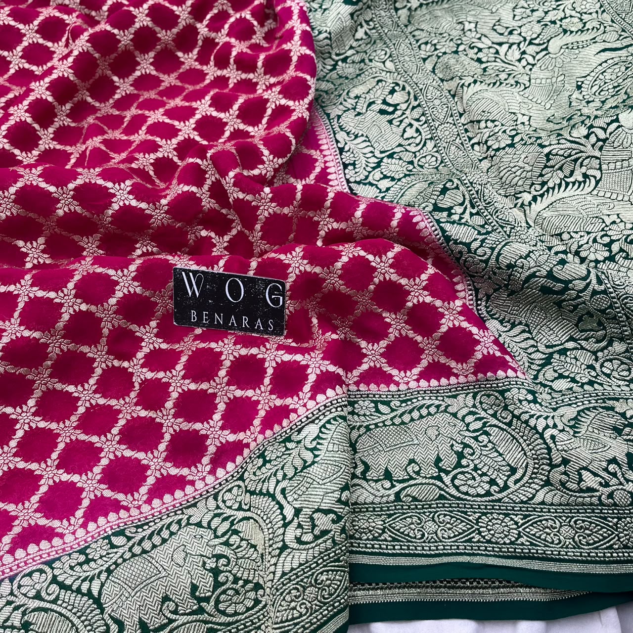 RANI PINK & GREEN PURE KHADDI GEORGETTE SAREE