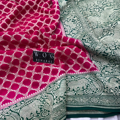 RANI PINK & GREEN PURE KHADDI GEORGETTE SAREE