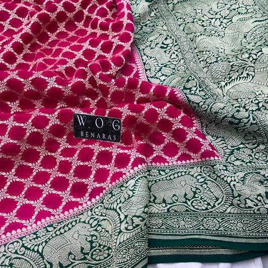 RANI PINK & GREEN PURE KHADDI GEORGETTE SAREE