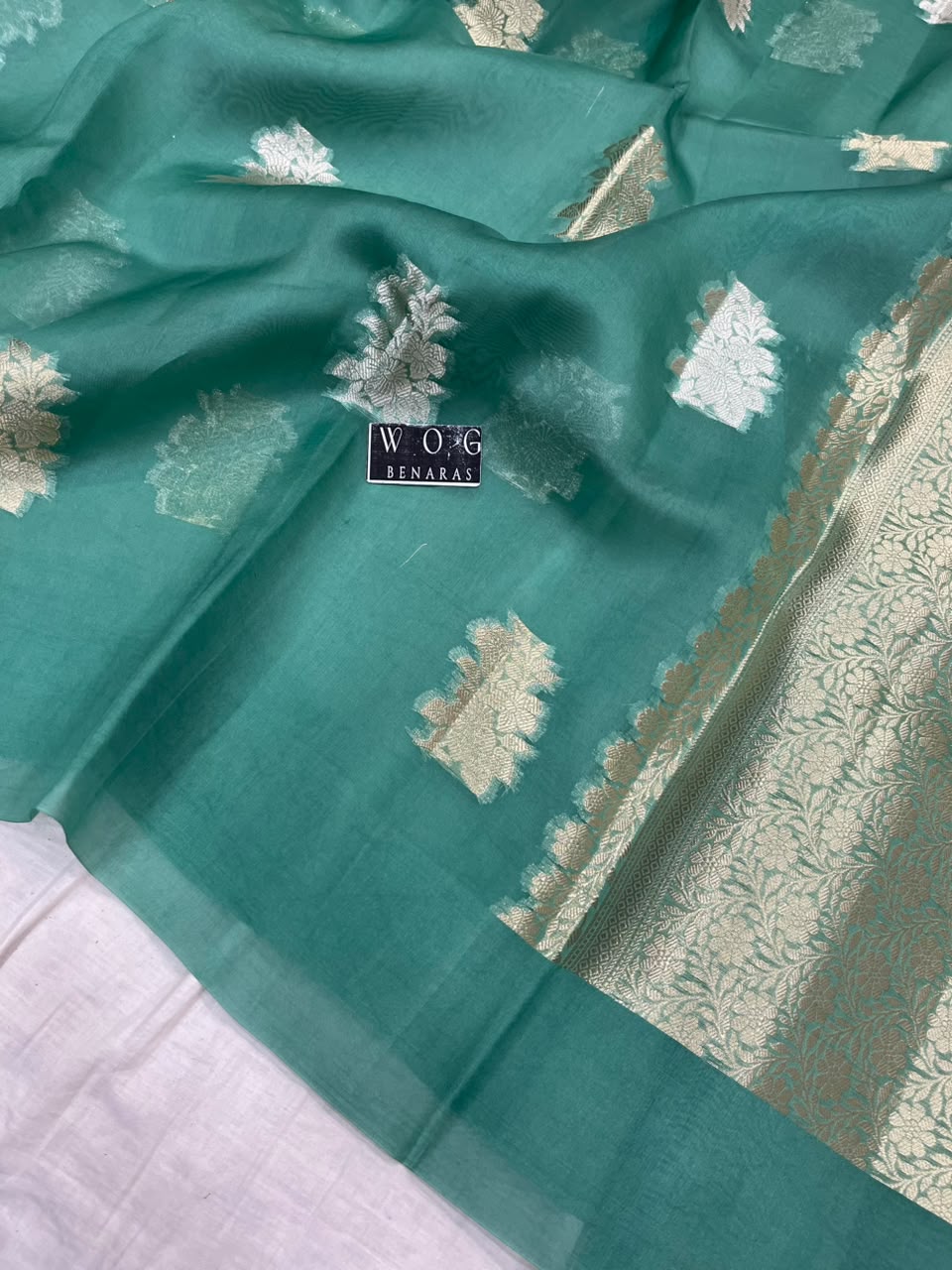 TEAL BLUE PURE KORA SILK SAREE