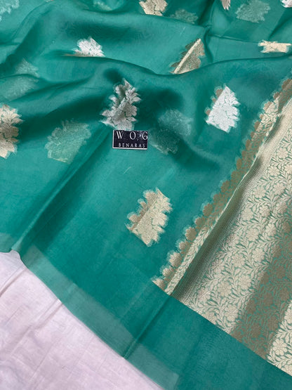 TEAL BLUE PURE KORA SILK SAREE