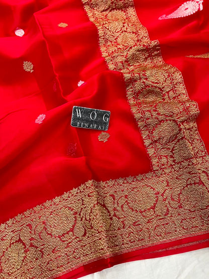 BRIDAL RED PURE HANDWOVEN KHADDI CHIFFON SAREE WITH ANTIQUE