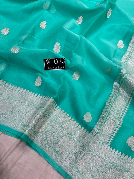 SEA GREEN PURE HANDWOVEN KHADDI CHIFFON SAREE