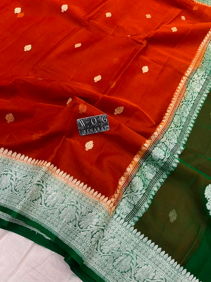 RUST & GREEN PURE HANDWOVEN KHADDI CHIFFON SAREE