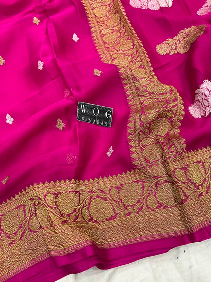 RANI PINK PURE HANDWOVEN KHADDI CHIFFON SAREE WITH ANTIQUE