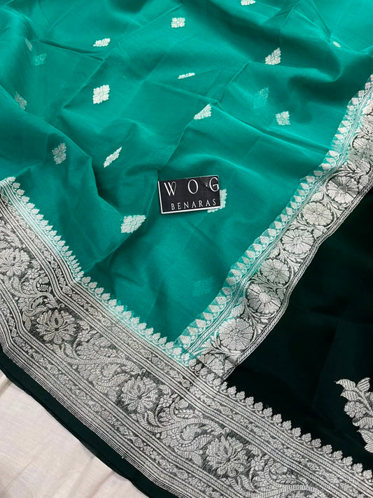 AQUA & BOTTLE GREEN PURE HANDWOVEN KHADDI CHIFFON SAREE