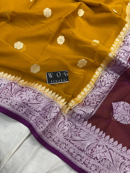 MUSTARD & MERGENTA PURE HANDWOVEN KHADDI CHIFFON SAREE