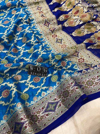 BLUE PURE KHADDI CREPE SAREE WITH MEENAKARI JALL