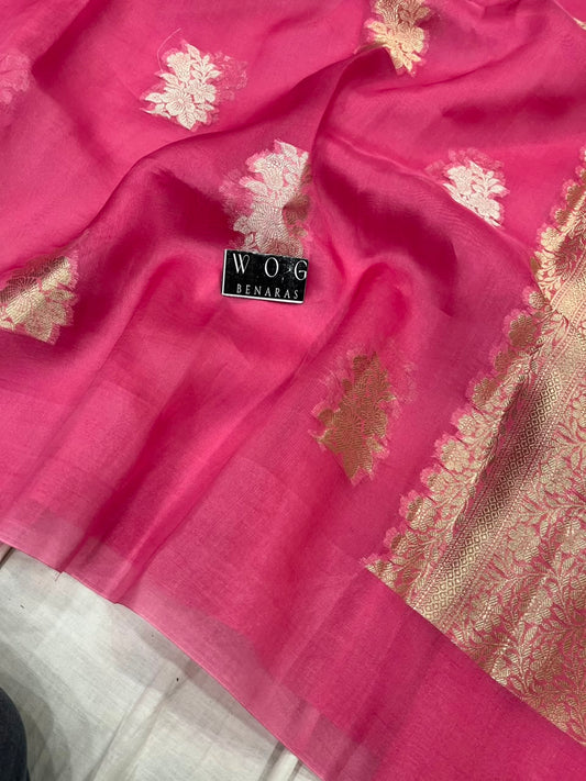 GAZARI PINK PURE KORA SILK SAREE
