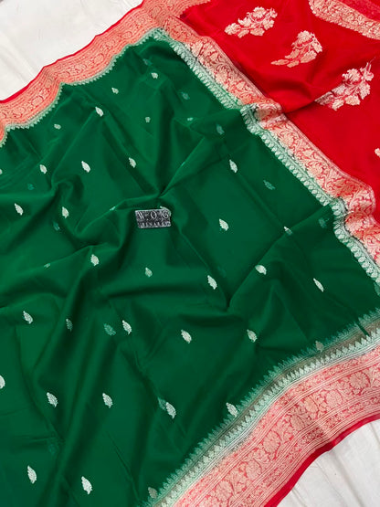 BOTTLE GREEN & RED PURE HANDWOVEN KHADDI CHIFFON SAREE