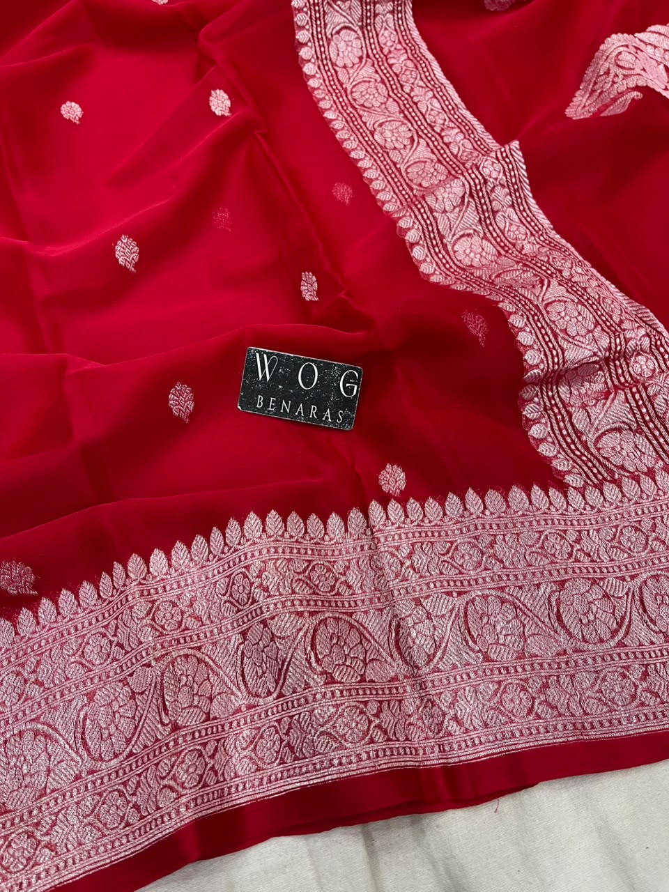 BRIDAL RED PURE HANDWOVEN KHADDI CHIFFON SAREE