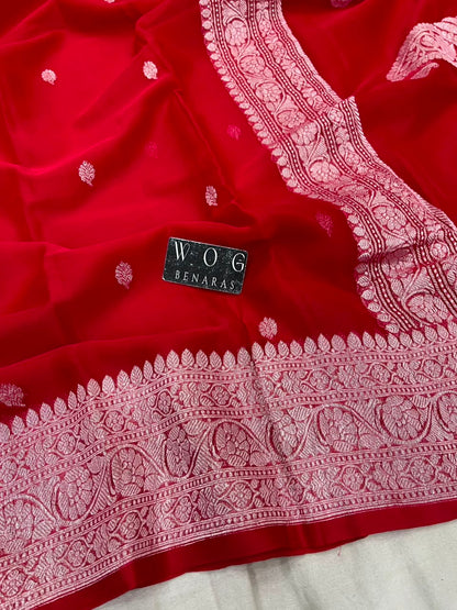 BRIDAL RED PURE HANDWOVEN KHADDI CHIFFON SAREE