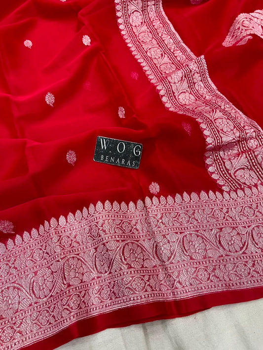 BRIDAL RED PURE HANDWOVEN KHADDI CHIFFON SAREE