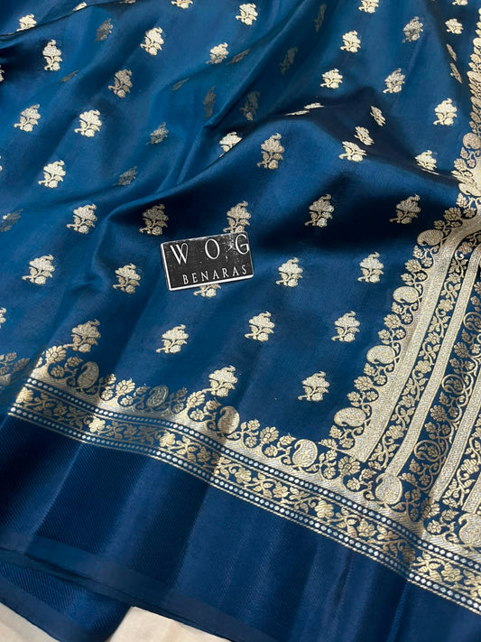 GERMAN BLUE PURE RAW MANGO SILK SAREE