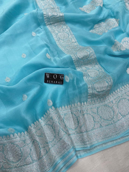 SKY BLUE HANDWOVEN KHADDI CHIFFON SAREE