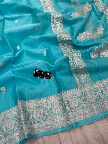 SKY BLUE PURE HANDWOVEN KHADDI CHIFFON SAREE