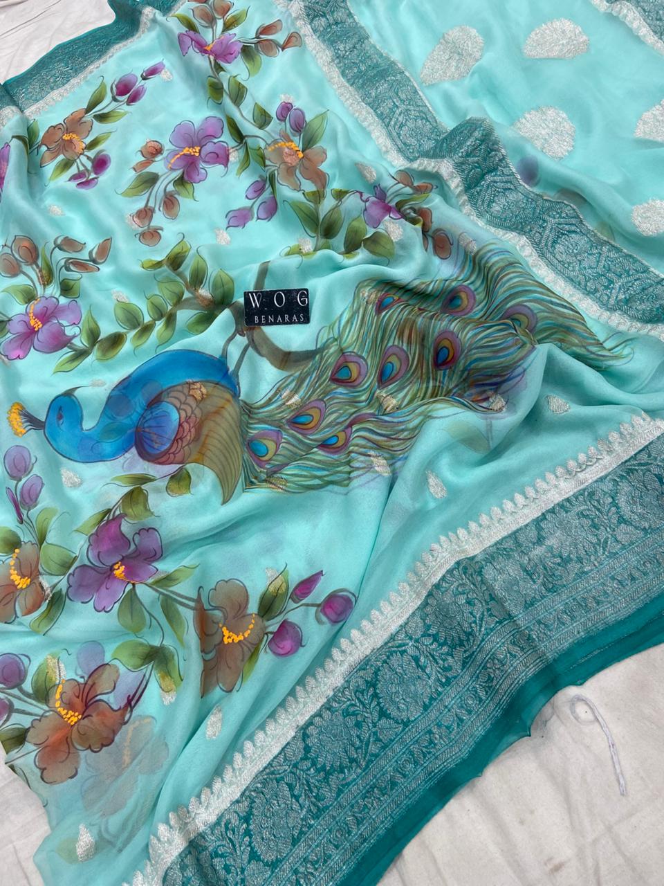 AQUA BLUE HANDWOVEN KHADDI CHIFFON SAREE WITH MAYUR