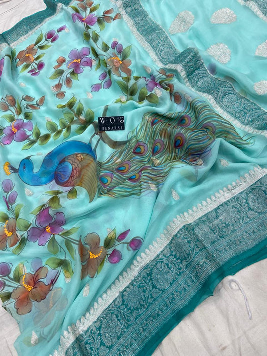 AQUA BLUE HANDWOVEN KHADDI CHIFFON SAREE WITH MAYUR
