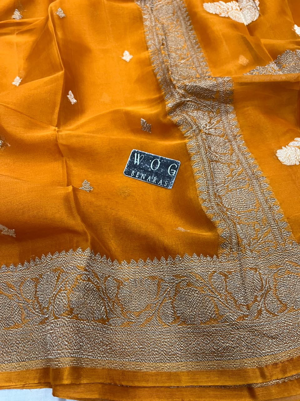MUSTARD YELLOW PURE HANDWOVEN KHADDI CHIFFON SAREE WITH ANTIQUE