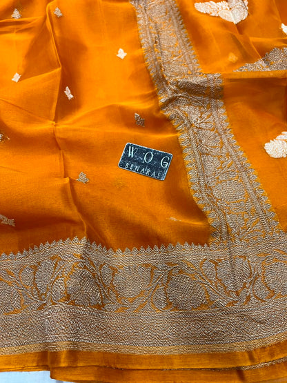 MUSTARD YELLOW PURE HANDWOVEN KHADDI CHIFFON SAREE WITH ANTIQUE