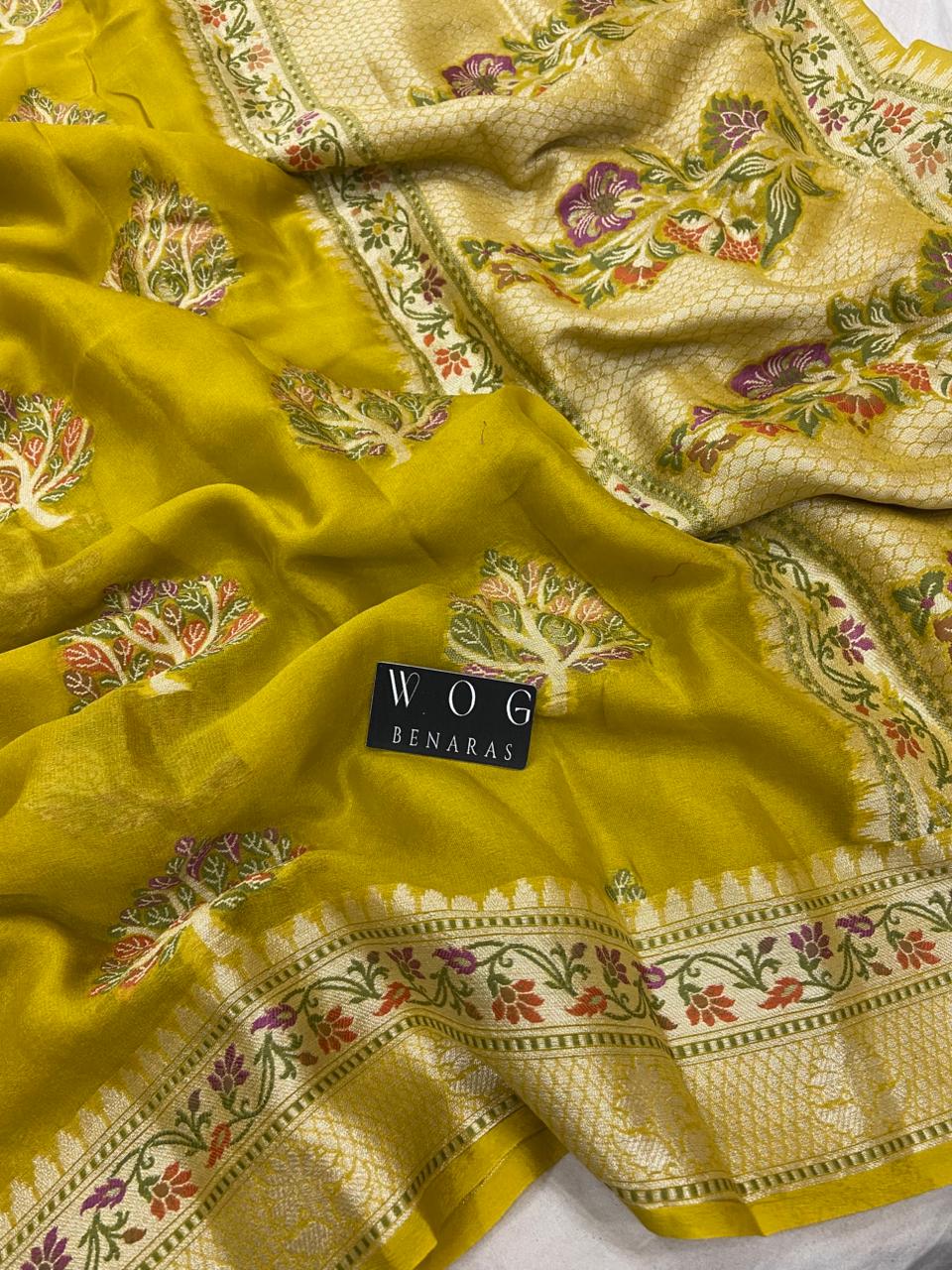 DHANI YELLOW PURE KHADDI CREPE SAREE WITH MEENAKARI BUTA