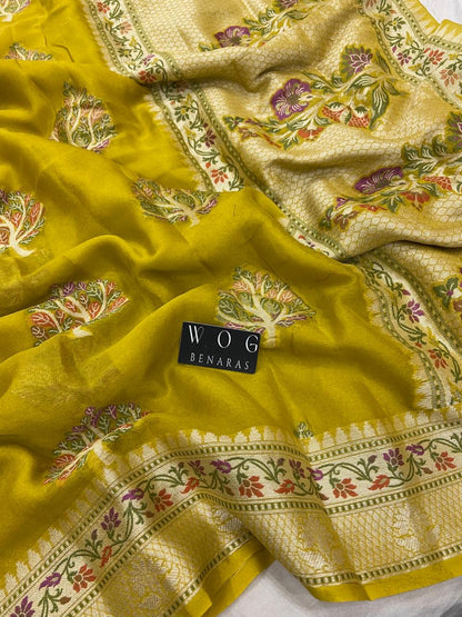 DHANI YELLOW PURE KHADDI CREPE SAREE WITH MEENAKARI BUTA