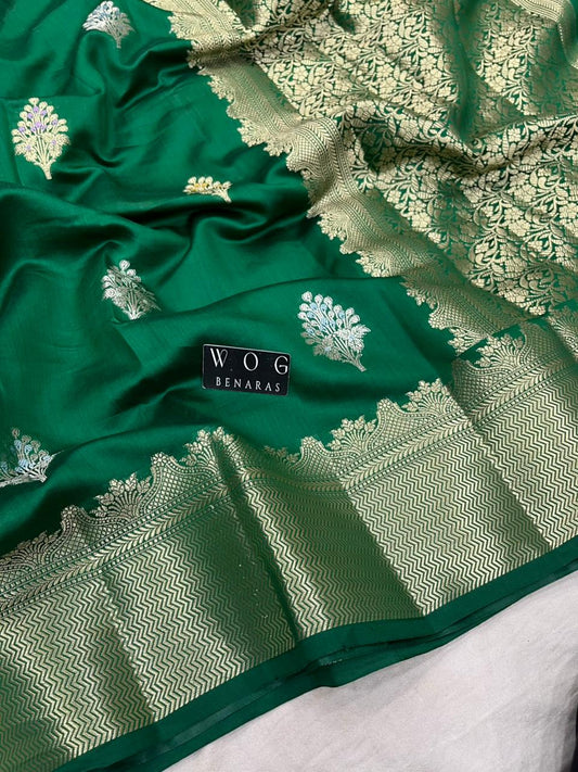 BOTTLE GREEN PURE CHINIYA SILK BUTA SAREE