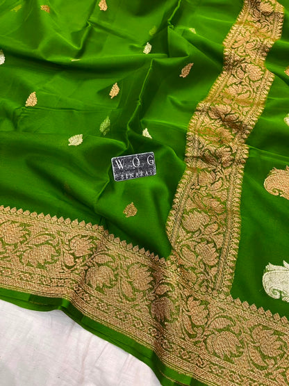 MEHENDI GREEN PURE HANDWOVEN KHADDI CHIFFON SAREE WITH ANTIQUE