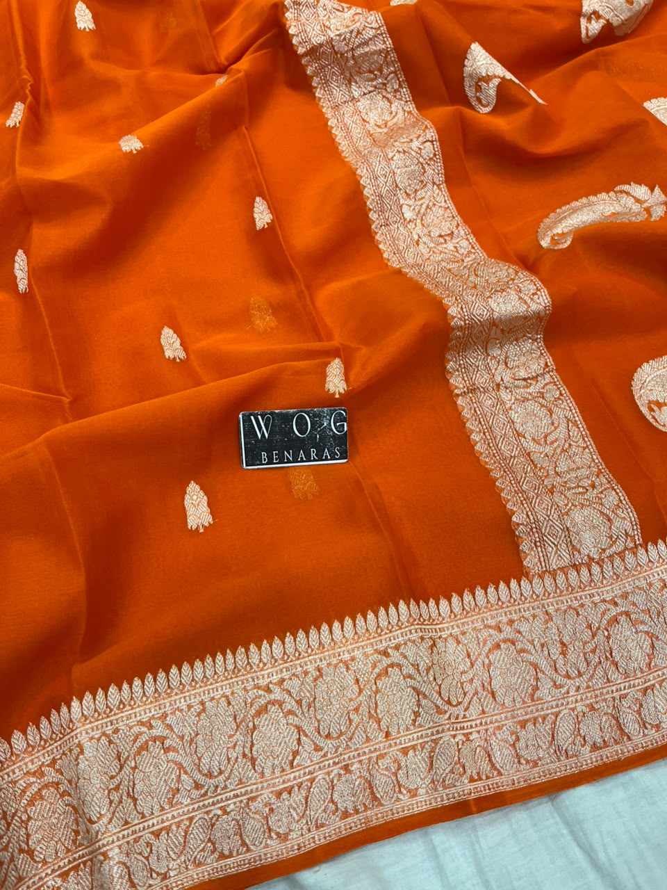 FANTA ORANGE PURE HANDWOVEN KHADDI CHIFFON SAREE