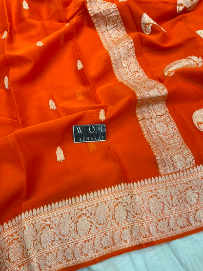 FANTA ORANGE PURE HANDWOVEN KHADDI CHIFFON SAREE