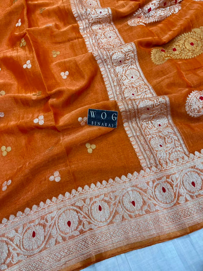 RUST PURE HANDWOVEN KHADDI CHIFFON TISSUE SAREE