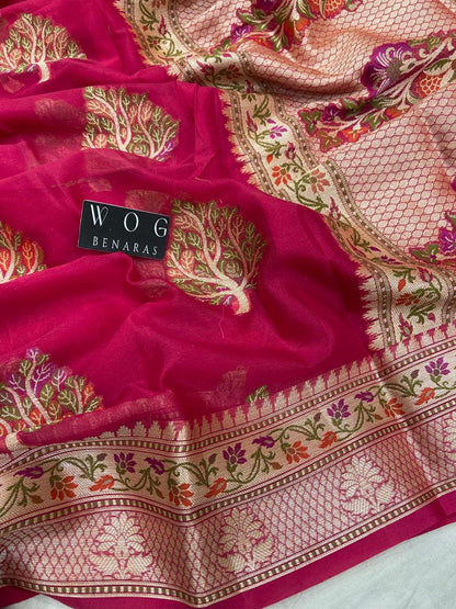 GAZARI PURE KHADDI CREPE SAREE WITH MEENAKARI BUTA