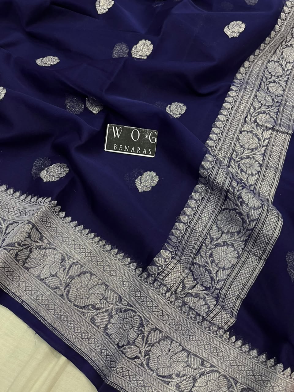 NAVY BLUE PURE HANDWOVEN KHADDI CHIFFON SAREE