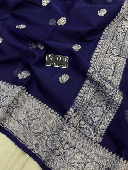 NAVY BLUE PURE HANDWOVEN KHADDI CHIFFON SAREE