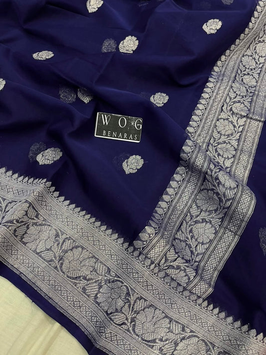 NAVY BLUE PURE HANDWOVEN KHADDI CHIFFON SAREE