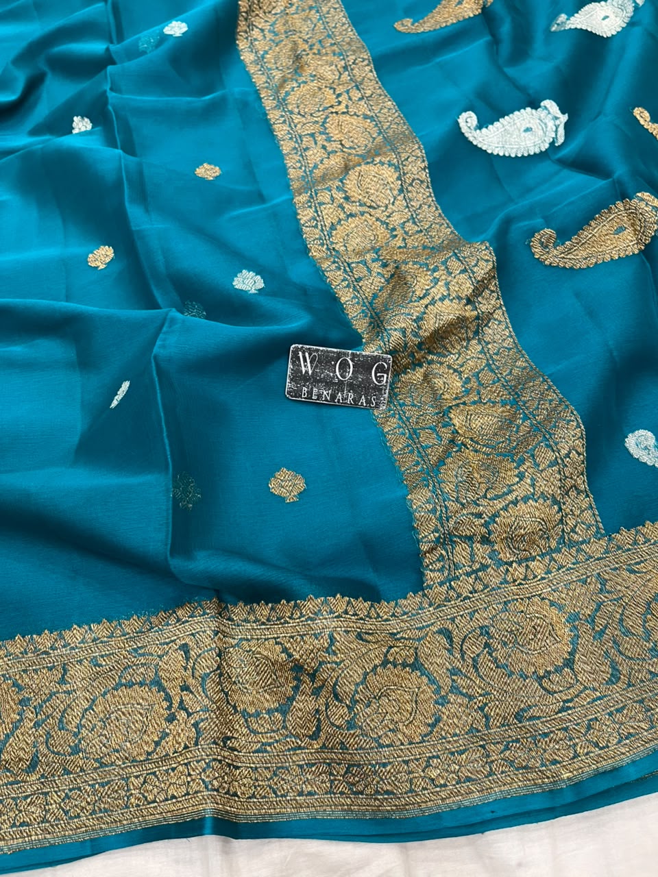 SAFAYER BLUE PURE HANDWOVEN KHADDI CHIFFON SAREE WITH ANTIQUE