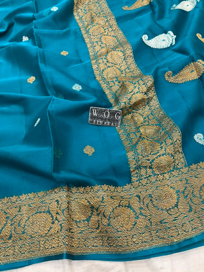 SAFAYER BLUE PURE HANDWOVEN KHADDI CHIFFON SAREE WITH ANTIQUE