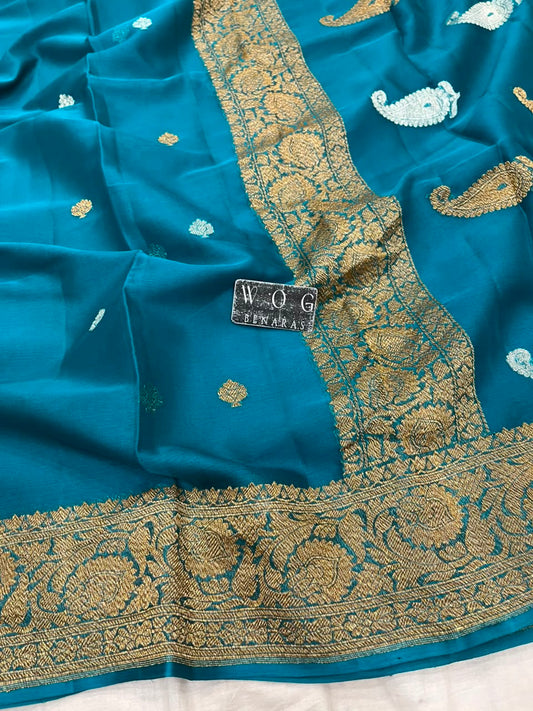 SAFAYER BLUE PURE HANDWOVEN KHADDI CHIFFON SAREE WITH ANTIQUE