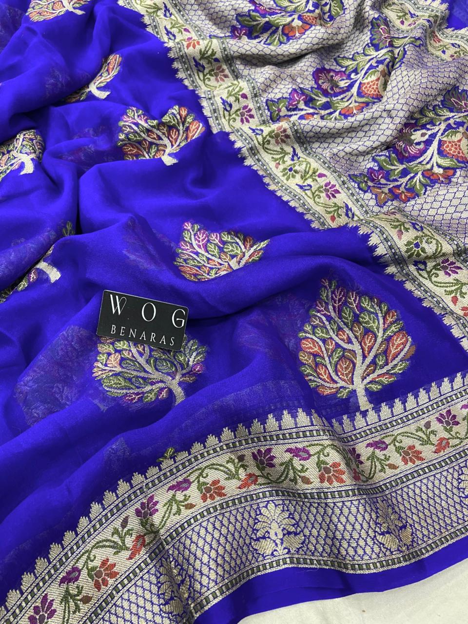 ROYAL BLUE PURE KHADDI CREPE SAREE WITH MEENAKARI BUTA