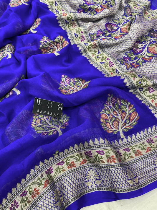 ROYAL BLUE PURE KHADDI CREPE SAREE WITH MEENAKARI BUTA