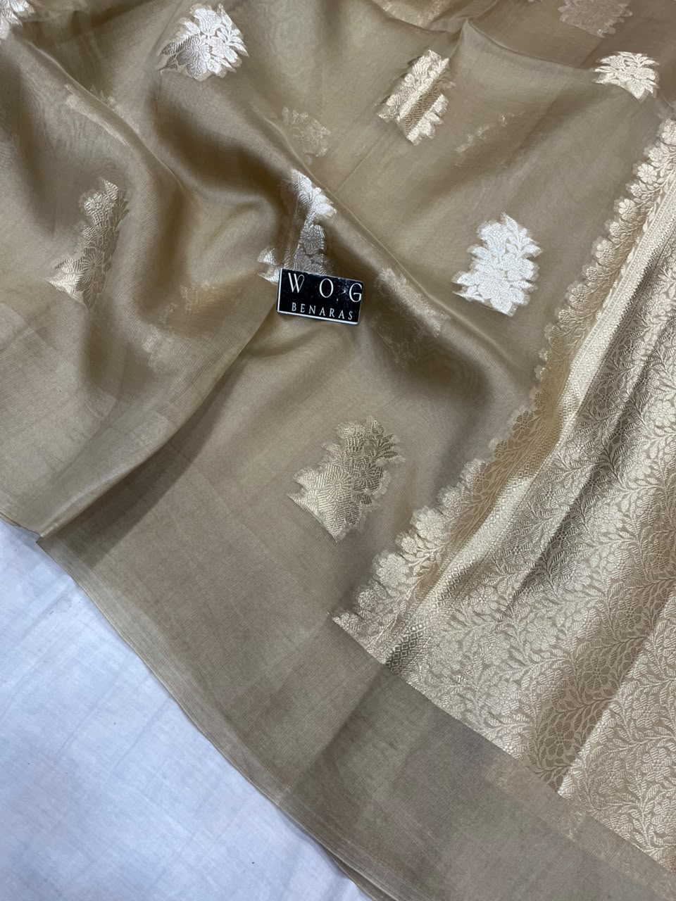 KHAKI BROWN PURE KORA SILK SAREE